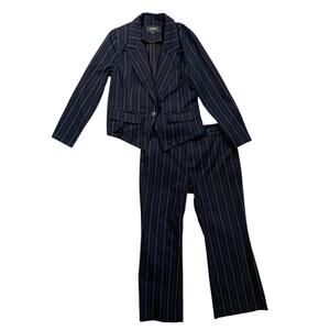 Liverpool Suit Set Women M/10 Medium Navy White Pinstripe Notch Jacket Flare 2Pc